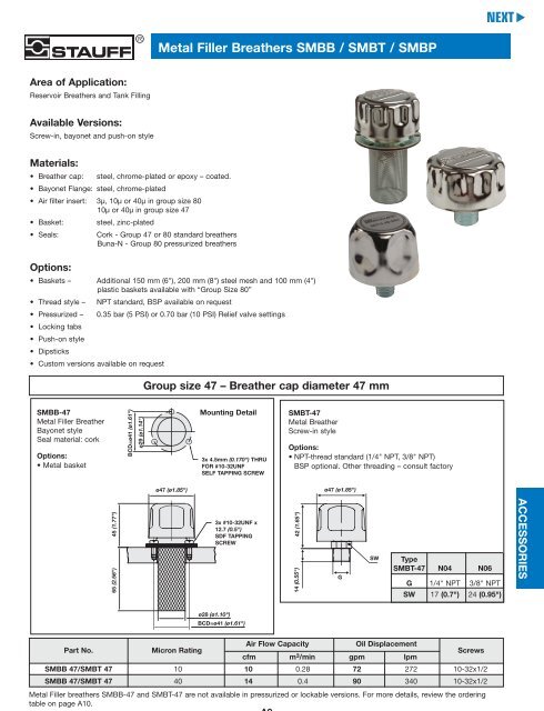 Stauff Hydraulic AccessoriesâMetal Filler Breathers SMBB / SMBT ...