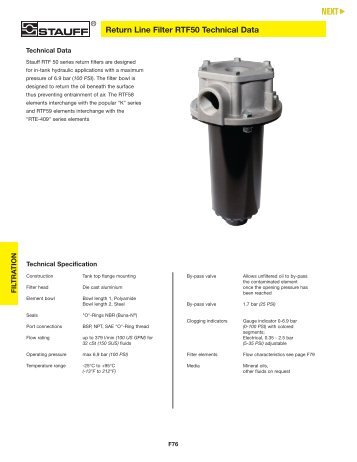 Stauff Hydraulic FiltrationâReturn Line Filter RTF50 Series