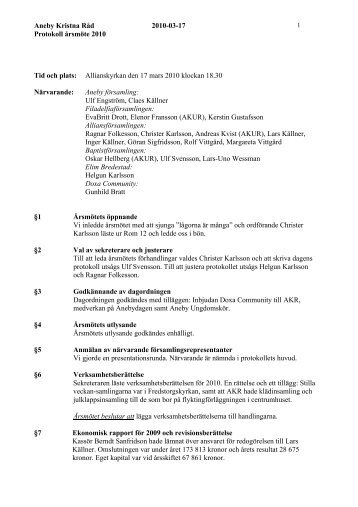 Aneby Kristna Råd 2010-03-17 Protokoll årsmöte 2010 Tid och plats ...