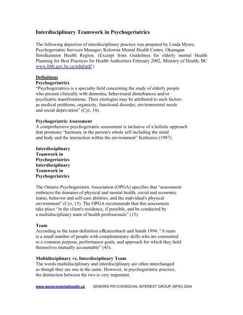 Interdisciplinary Teamwork in Psychogeriatrics - Seniors Mental Health