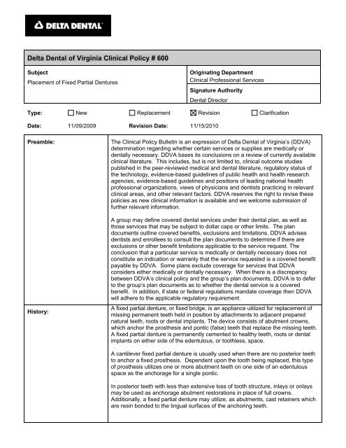 600 Placement of Fixed Partial Dentures - Delta Dental of Virginia