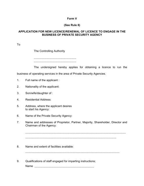 Form V (See Rule 8) APPLICATION FOR NEW LICENCE/RENEWAL ...