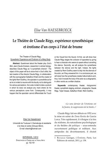 Elise Van HAESEBROECK Le Théâtre de Claude Régy ... - Ekphrasis