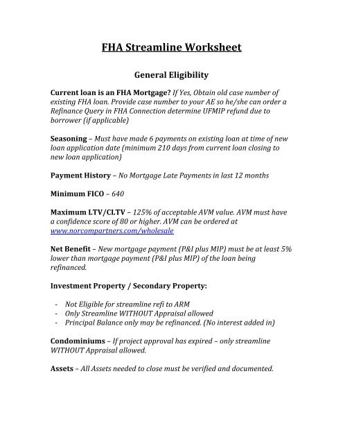 FHA Streamline Worksheet - Norcom Partners