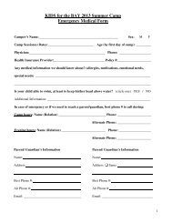 KIDS for the BAY 2013 Summer Camp Emergency Medical Form