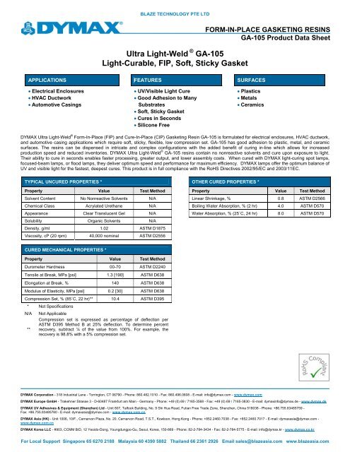 DYMAX GA-105 Form-In-Place Gasketing Resin Product Data Sheet