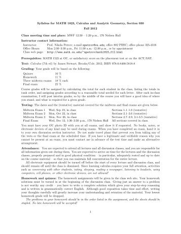 Syllabus for MATH 1823, Calculus and Analytic Geometry, Section ...