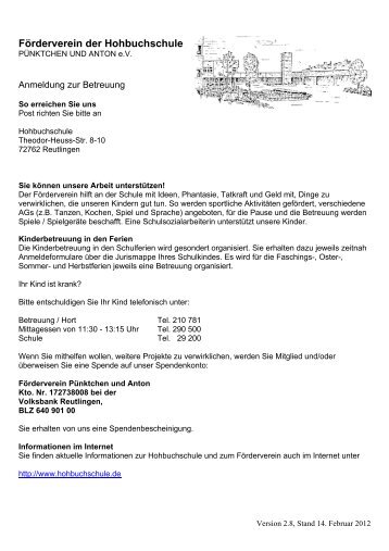 Anmeldeformular FÃ¶rderverein der Hohbuchschule e