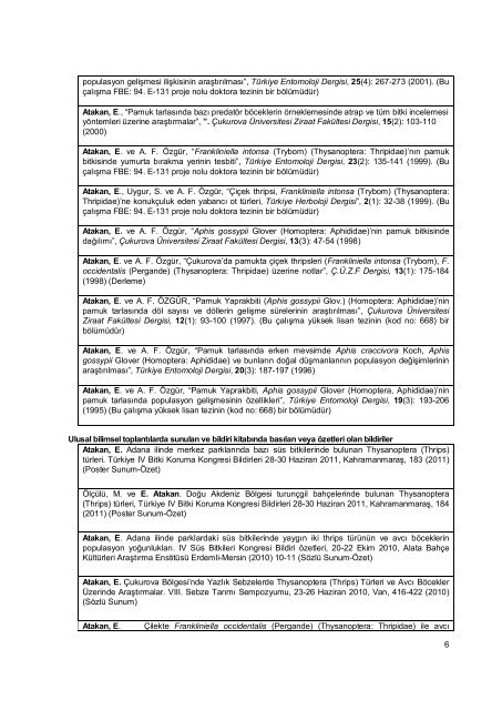 detaylÄ± cv - Ziraat FakÃ¼ltesi - Ãukurova Ãniversitesi