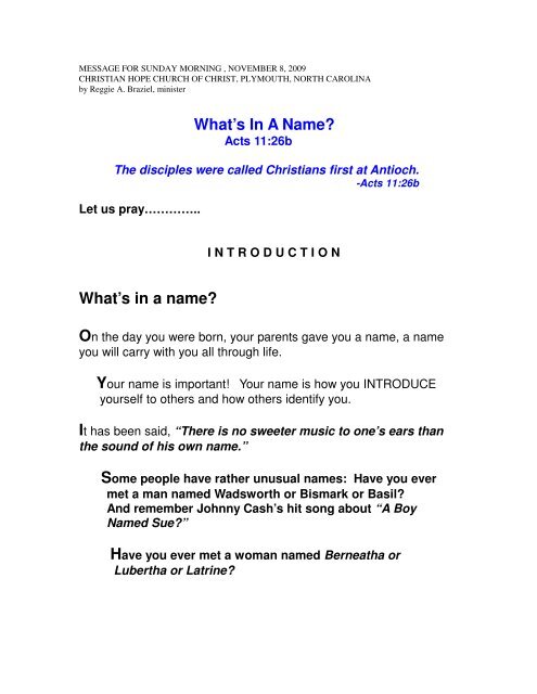 What's In A Name? - Christian Hope Church Home