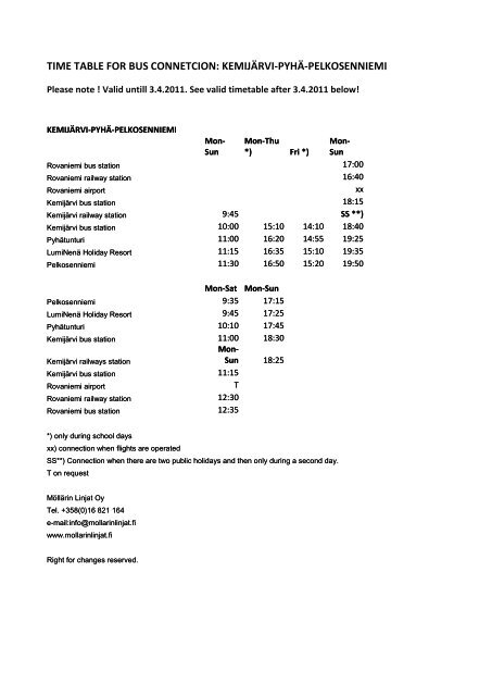 time table for bus connetcion: kemijÃ¤rvi-pyhÃ¤-pelkosenniemi