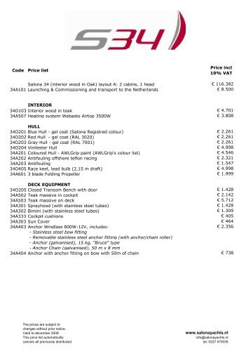 Salona 34 price list - Salona Yachts