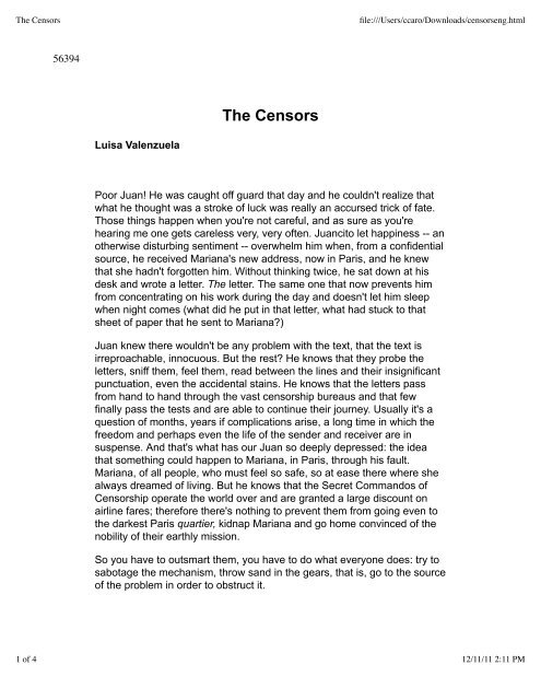 (The Censors) by Luisa Valenzuela - Teen Thoughts on Democracy