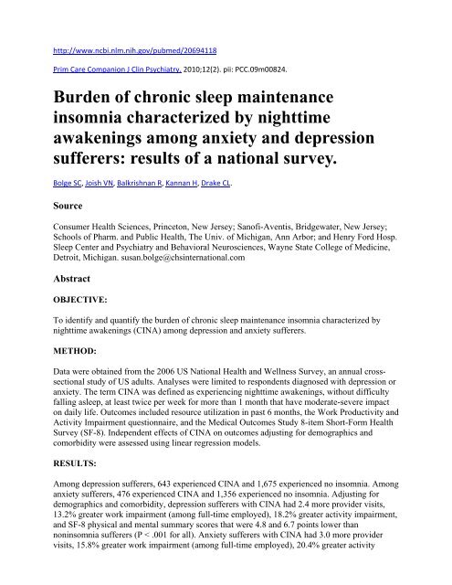 Burden of chronic sleep maintenance insomnia ... - Kantar Health