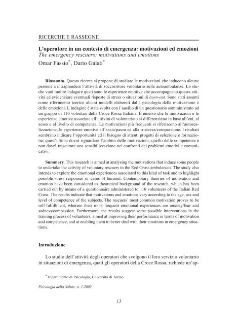 L'operatore in un contesto di emergenza: motivazioni ed emozioni ...