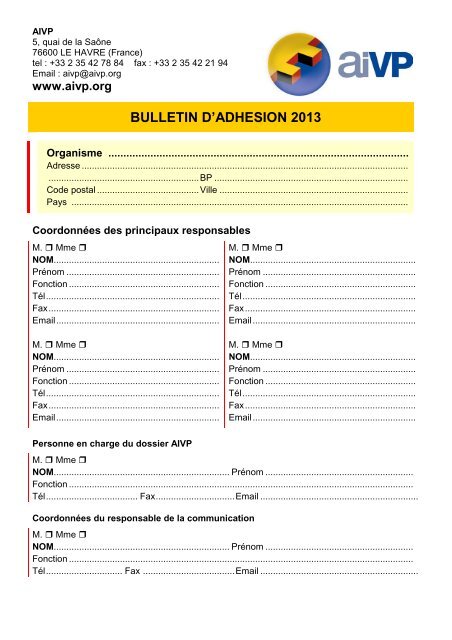 Formulaire d'adhÃ©sion 2013 (pdf) - AIVP
