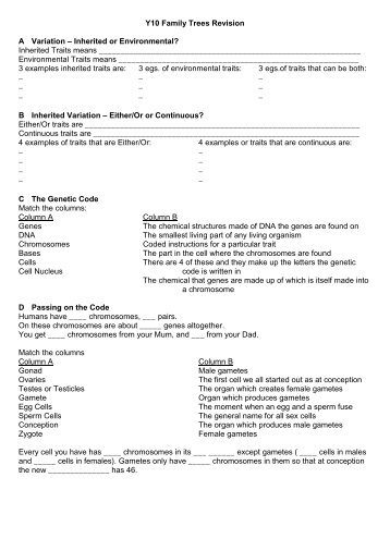 Y10 Family Trees Revision A Variation â Inherited or Environmental ...