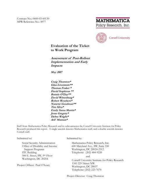 Mathematica Policy Evaluation of the Ticket To Work Program - Mathematica Policy ...