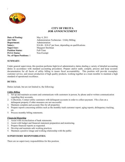 Job Posting Utility Billing Clerk Apr 2011.pdf - City of Fruita