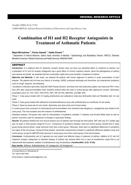 Combination of H1 and H2 Receptor Antagonists in ... - Tanaffos