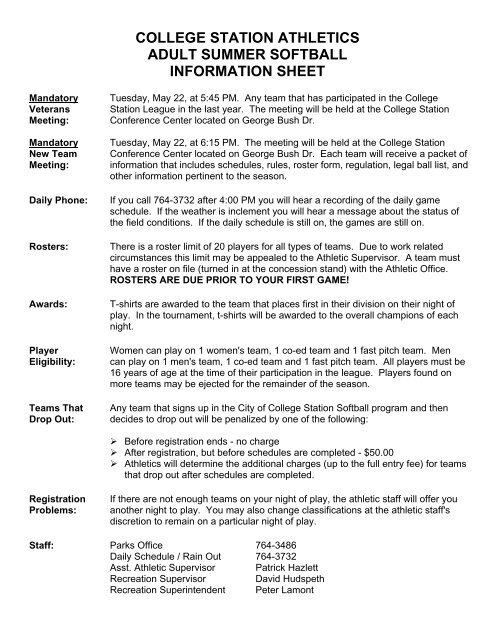 college station athletics adult summer softball information sheet