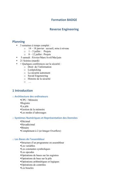 Formation BADGE Reverse Engineering Planning 1 ... - ESIEA