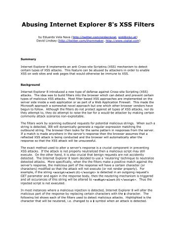 Abusing Internet Explorer 8's XSS Filters [PDF] - Sysdream