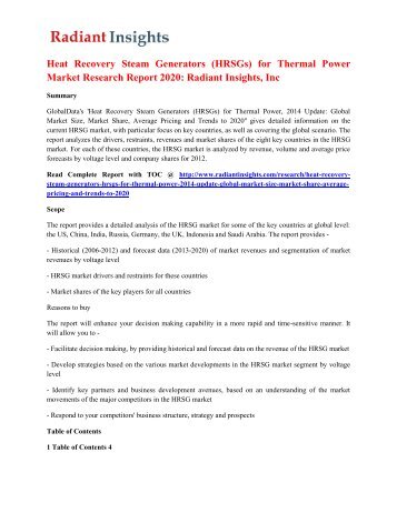 Heat Recovery Steam Generators (HRSGs) for Thermal Power Market Research Report 2020: Radiant Insights, Inc