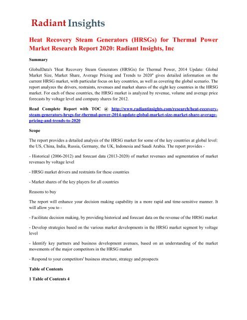 Heat Recovery Steam Generators (HRSGs) for Thermal Power Market Research Report 2020: Radiant Insights, Inc