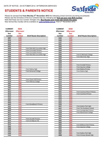 Afternoon bus timetable - Miami State High School