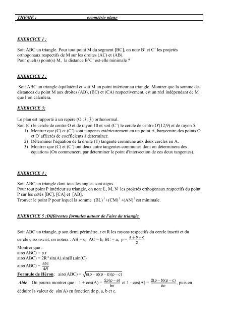 THEME : gÃ©omÃ©trie plane EXERCICE 1 : Soit ABC un triangle. Pour ...