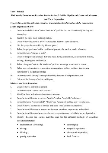 Year 7 Science Half Yearly Examination Revision Sheet Section 2 ...