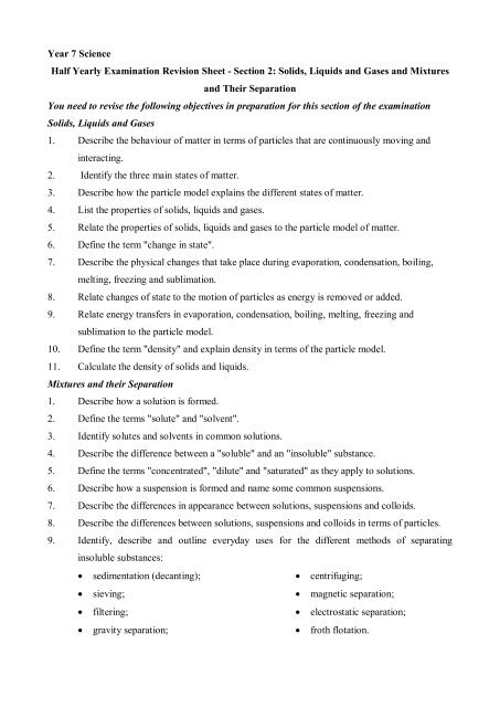 Year 7 Science Half Yearly Examination Revision Sheet Section 2 ...