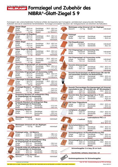 Formziegel und Zubehör des NIBRA®-Glatt-Ziegel S 9 - Nelskamp