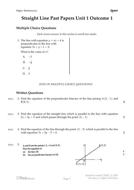 Straight Line Past Papers Unit 1 Outcome 1 - Mathsrevision.com