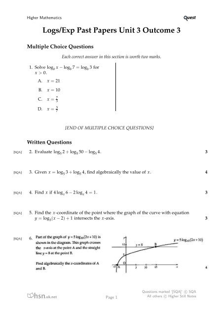 Logs/Exp Past Papers Unit 3 Outcome 3 - Mathsrevision.com