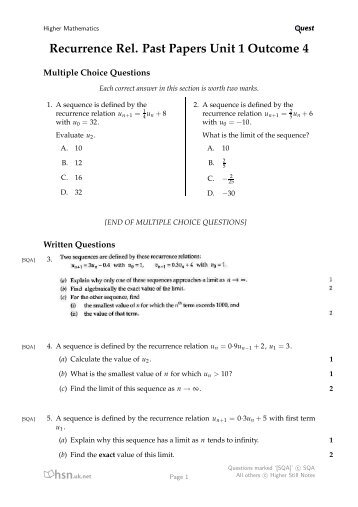 Recurrence Rel. Past Papers Unit 1 Outcome 4 - Mathsrevision.com