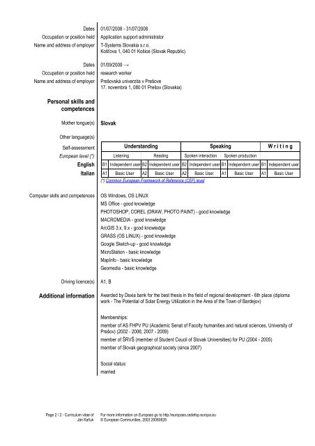 Europass CV - PreÅ¡ovskÃ¡ univerzita v PreÅ¡ove