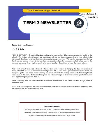 TERM 2 NEWSLETTER - the settlers high school