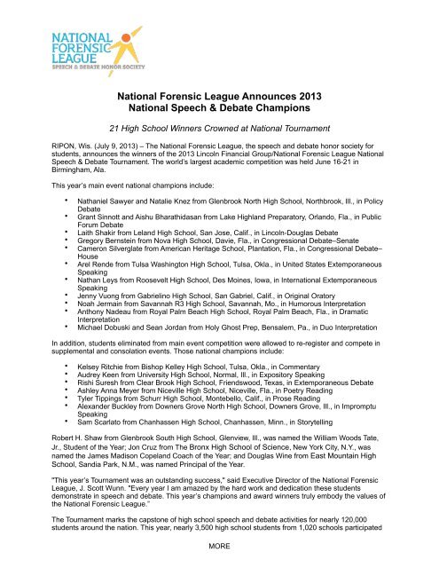 National Forensic League Announces 2013 National Speech ...