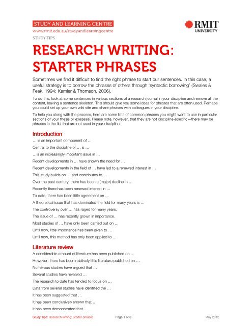 RESEARCH WRITING: STARTER PHRASES - RMIT University