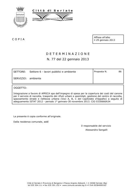 N. 77 del 22 gennaio 2013 DETERMINAZIONE - CittÃ  di Seriate