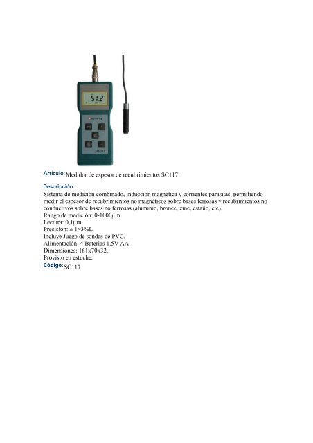 Medidor de espesor de recubrimientos SC117 ... - instrumental cuyo