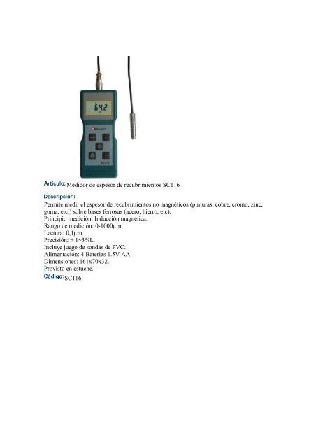 Medidor de espesor de recubrimientos SC117 ... - instrumental cuyo