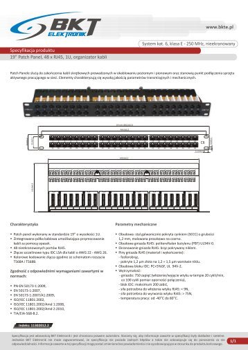 19” Panel krosujący, 48 x RJ45, 1U, kat. 6, klasa E ... - BKT Elektronik