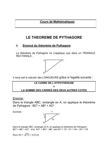 EnoncÃ© du thÃ©orÃ¨me de Pythagore - cours-avicenne.com