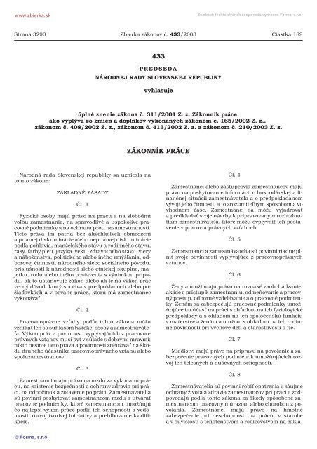 Zákonník práce č. 433/2003 Z.z. - TUKE