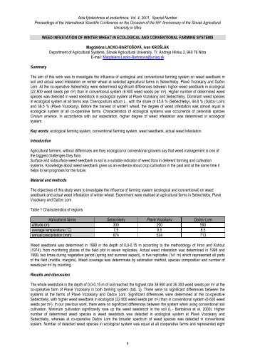 Acta fytotechnica et zootechnica, Vol. 4, 2001, Special Number ...