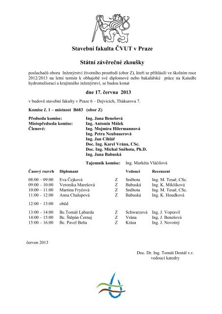 StavebnÃ­ fakulta ÄVUT v Praze StÃ¡tnÃ­ zÃ¡vÄreÄnÃ© zkouÅ¡ky - Katedra ...