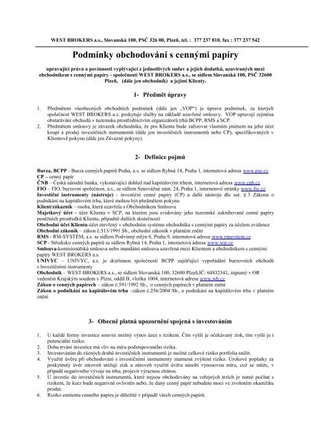Podmínky obchodování s cennými papíry - WEST BROKERS as